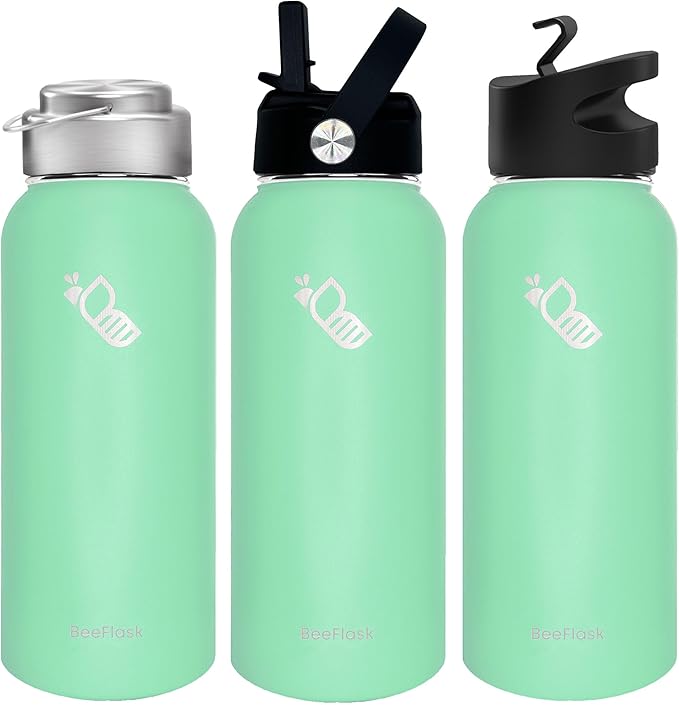 Sports Water Bottle - 32 Oz, 3 Lids (With straw), 50 Cute Stickers, Vacuum Insulated, 308 Stainless Steel, with a Portion of Sales Supporting Bee Conservation Efforts (Mint Green)