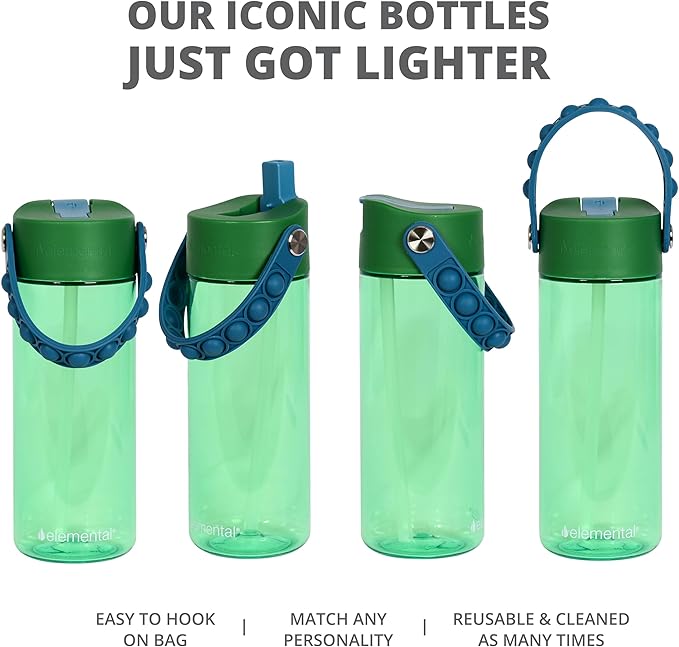 Elemental Leak Proof Water Bottles for Kids - Splash Kids Water Bottle for School with Fun Fidget Pop-it Handle - Tritan Plastic Water Bottle with Straw - Dinosaur & Green - 18oz (2 Pack)