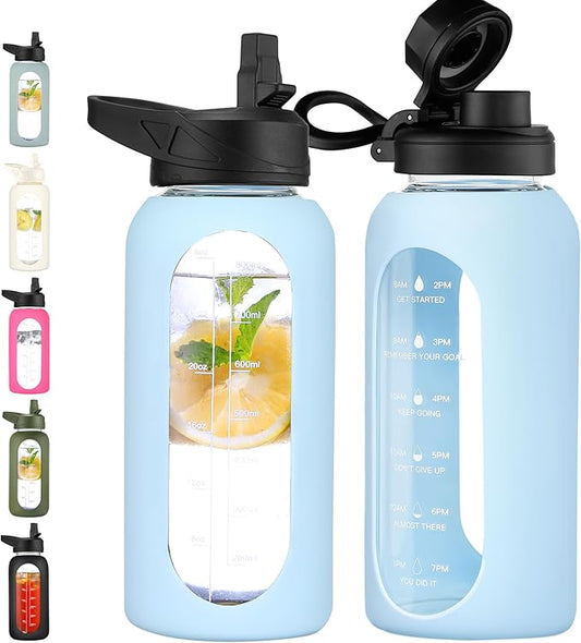 CIVAGO 32 oz Glass Water Bottle with Straw and Handle, Large Sports Motivational Water Bottle Flask with Time Marker, Leakproof Water Jug Canteen with Silicone Sleeve for Gym,Light Blue