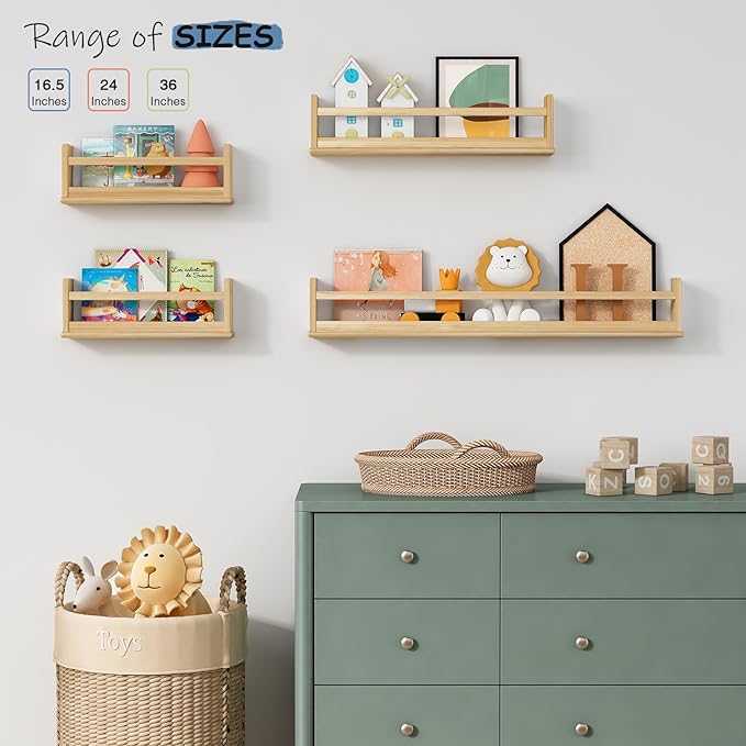 Wooden Wall Bookshelf for Kids Room, Natural Wood Floating Nursery Book Shelves for Baby Toddler Child Bedroom, Cute Wall Mount Bookshelves for Teen Girls Boys Closet Classroom Library