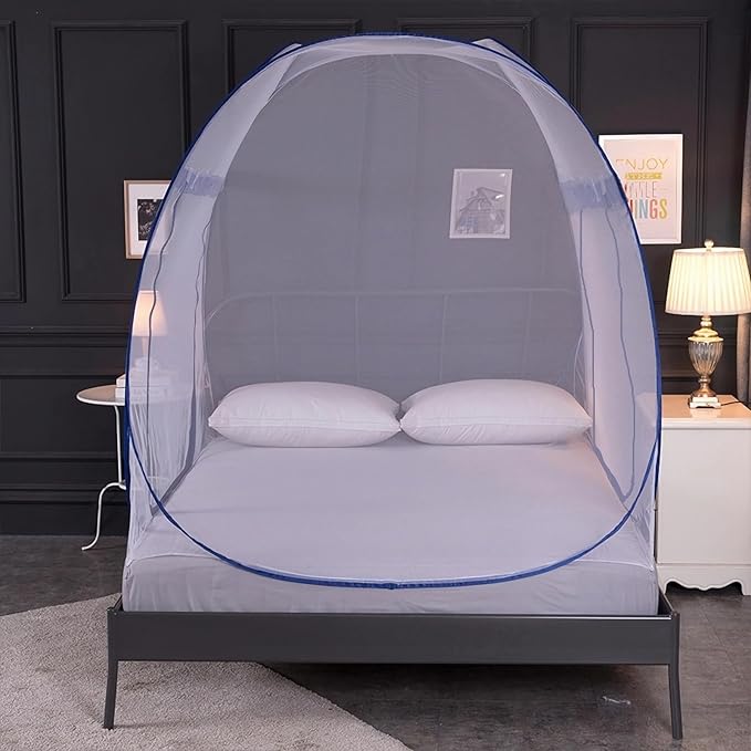 Mosquito Net for Bed, Folded Size 12 inch Portable Camping Travel Mosquito Net, Pop Up Mosquito Tent with Double Entry for King Queen Size Bed (Blue, 71"x79"x59")