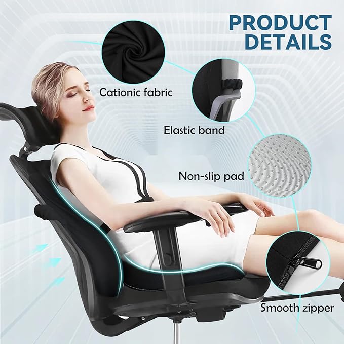 Seat Cushion & Lumbar Support Pillow Set for Office Chair, Ergonomic Pillow for Sciatica Pain Relief, Memory Foam Back Support Pillow & Chair Cushion for Gaming Chair and Travel (Black)