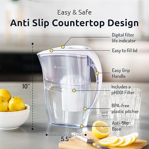 Invigorated Water Alkaline Water Filter Pitcher - Long Lasting Alkaline Water Pitcher Filter with Multi-Stage Filtration System - High pH Alkaline Pitcher Water Jug & 1 Alkaline Filter - 2.5L (White)