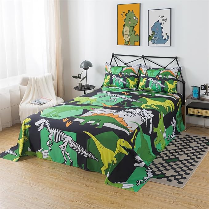 qjmiaofang Kids Dinosaur Twin Sheets for Boys Dinosaur Bed Sheets 3Pieces T-Rex Fitted Sheet Animals Dinosaur Bedding Set Bones Dinosaur Flat Sheet Including 1 Fitted Sheet 1 Flat Sheet 1 Pillowcase