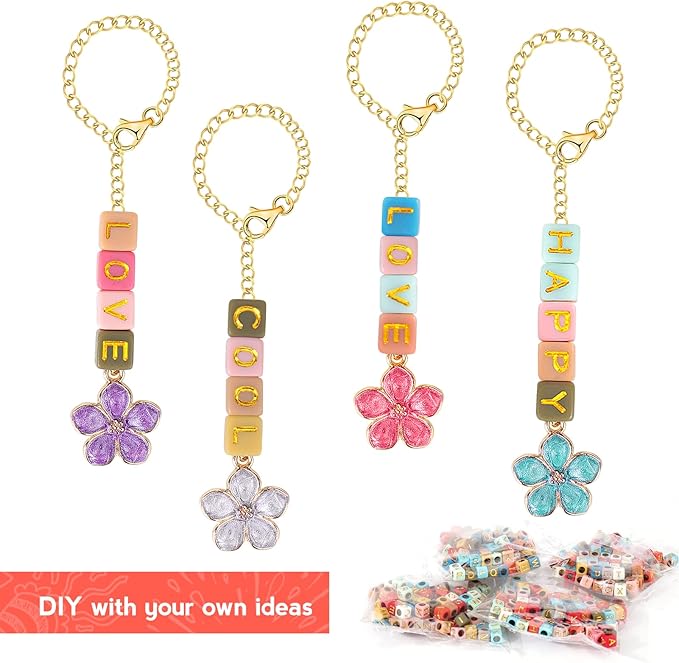 Mity rain 4 Pack Letter Charm Accessories For Stanley Cup, 4 PCS Charm Chains And 400PCS Greetings/Name ID DIY Letter Beads, Letter Handle Charm Designed For Stanley Tumbler Handle Decorations (Gold)