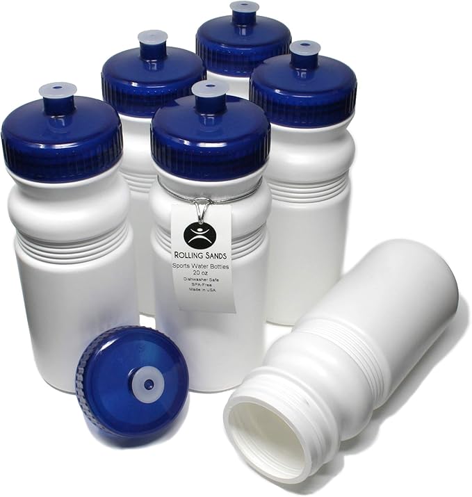 Rolling Sands 20 Ounce Sports Water Bottles 6 Pack, BPA-Free, Made In USA, Dishwasher Safe, White Bottles/Navy Lids