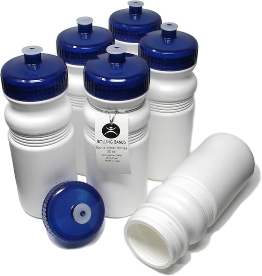 Rolling Sands 20 Ounce Sports Water Bottles 6 Pack, BPA-Free, Made In USA, Dishwasher Safe, White Bottles/Navy Lids
