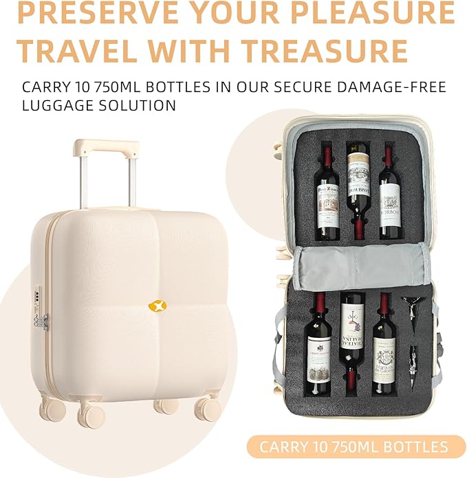 Wine Suitcase, 6 Bottle Wine Luggage, Durable Wine Travel Case, Fly With Wine Suitcase with TSA Lock, Versatile Wine Carrier with Removable Inserts and Silent Spinner Wheels（Cream）