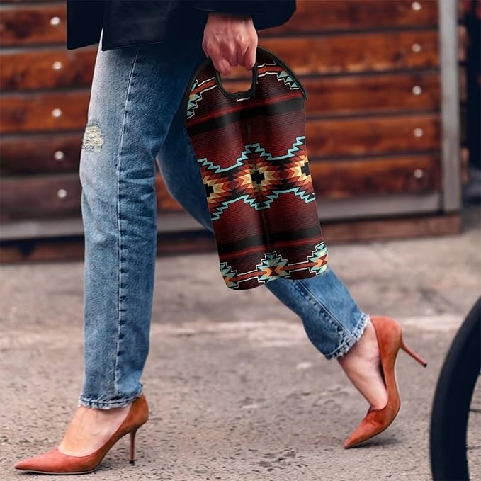 doginthehole Southwest Tribe Wine Tote Carrier Bag 2 Bottle Wine Carrying Bag Aztec Pattern Neoprene Champagne Bottle Protective Insulated Sleeve for Wedding, Birthday, and Dinner Party