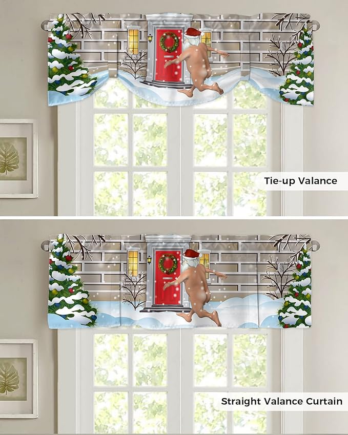 Christmas Farmhouse Blackout Tie Up Valance Curtains for Kitchen Windows Funny Santa Claus Window Toppers Balloon Shades for Living Room/Bathroom/Bedroom,1 Panel,54" X 18" Holly Xmas Tree