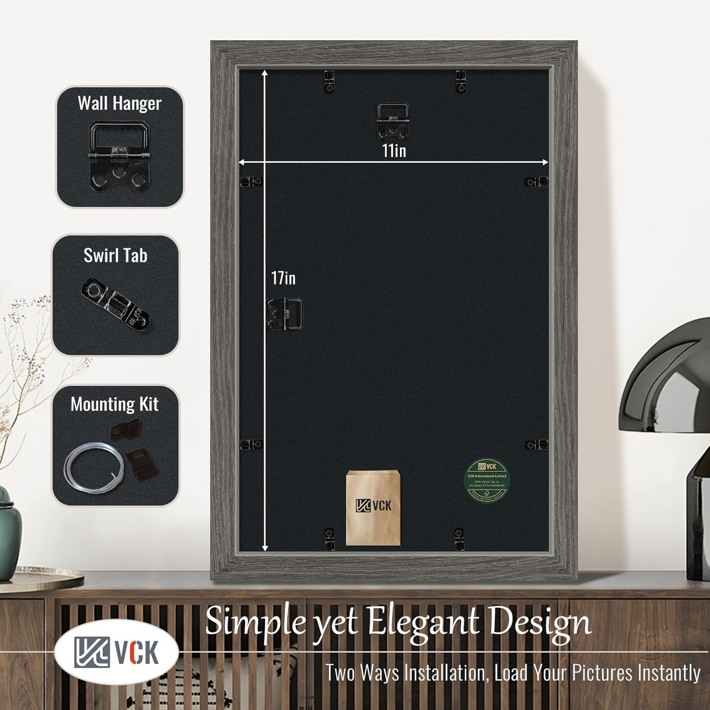 VCK 11x17 Picture Frame 3 Pack, Gray Solid Wood Poster Picture Frame, Exclusive Wood Grain, Wall Mounting Hanging