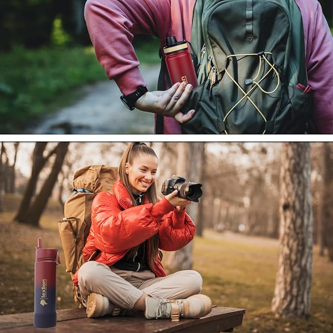 Water Bottle 22oz, Triple Walled Insulated Stainless Steel Reusable Bottle, Silicone Sleeve, Cleaning Brush, 2 Lids (Spout lid & Straw lid w/2 straw), Metal Mug Gallon, BPA Free, Dark Rainbow