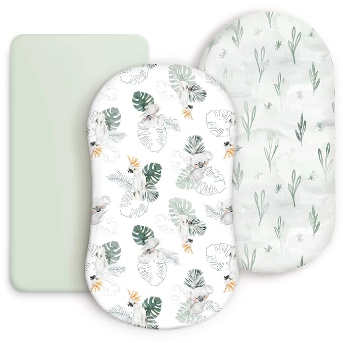 GRSSDER Stretch Ultra Soft Fitted Bassinet Sheets 3 Pack, Universal Fit for Bassinets Baby Cradle Moses Basket Oval Rectangle Mattress Safe and Snug, Stylish Watercolor Animals for Baby, Mint Green