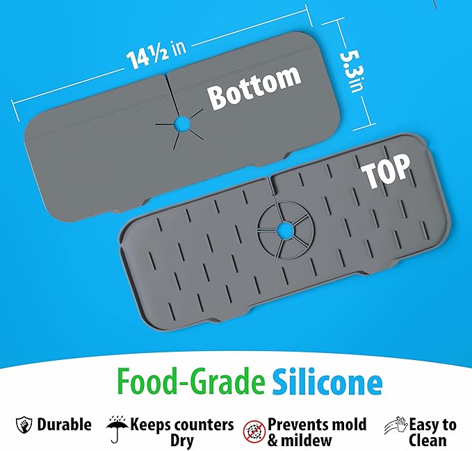 ExqNova Food Grade Silicone Sink Splash Guard, Faucet Drip Catcher Tray, Faucet Water Catcher Mat, Faucet Splash Guard, Sink Draining Pad Behind Faucet, Drip Protector Countertop, Grey Splash Guard