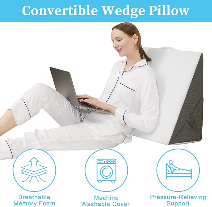 Bed Wedge Pillow for Sleeping Adjustable 9 &12 Inch Foldable Bed Wedge Pillow, Memory Foam Triangle Pillow Wedge System for Legs and Back Support Pillow