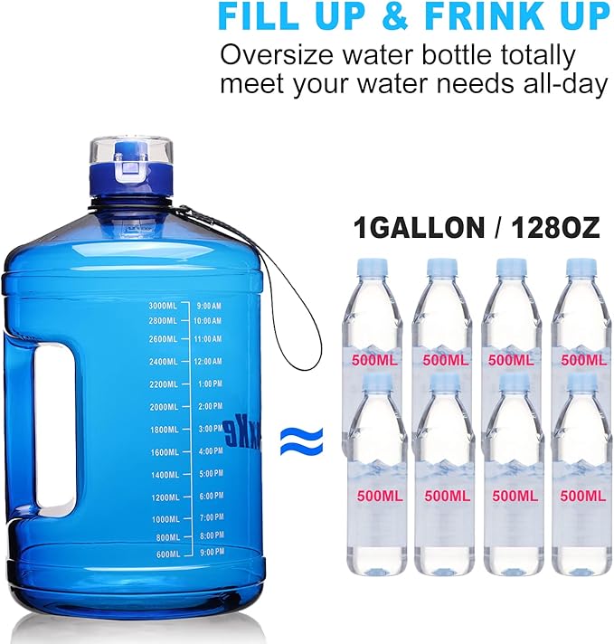 Gallon Big Water Bottle with Handle, 128oz Leakproof BPA Free Fitness Sports Water Bottle with Motivational Time Marker & Wide Mouth Ensure You Drink More Water