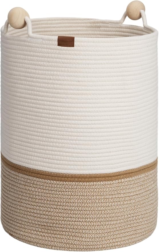 StorageWorks 58L Cotton Rope Laundry Basket with Wooden Beads Handles, Woven Basket for Storage, Dirty Clothes, Kids Toys, Towels, White & Khaki