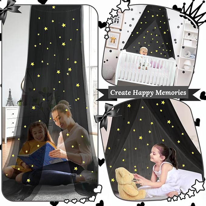 South to East Bed Canopy with Glowing Stars in The Dark, Black Bed Curtains for Kids Bed & Toddler Bed, Twin, Full & Queen Bed, Mosquito Net Canopy for Adult Bedoom, Easy to Install