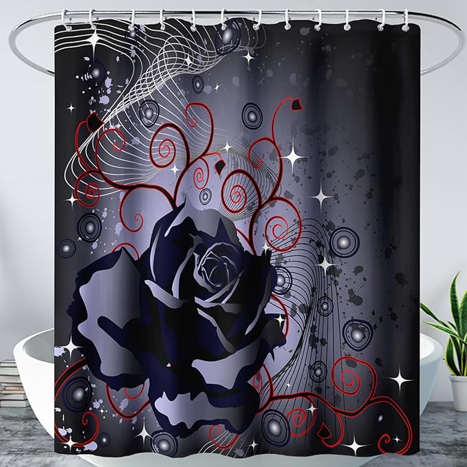 AILONEN Black Rose Shower Curtain for Women,Music Rose Bath Curtain for Bathroom Decor,Red and Black Art Polyester Waterproof for Girls with 12 Plastic Hooks,72" W*96" H Black