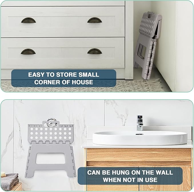 Folding Step Stool 9", Kids Step Stool, Heavy Duty Step Stools for Adults, Compact Foot Stools, Light-Weight Toddler Step Stool for Kitchen, Bathroom, Holds Up to 300 lbs (Grey)