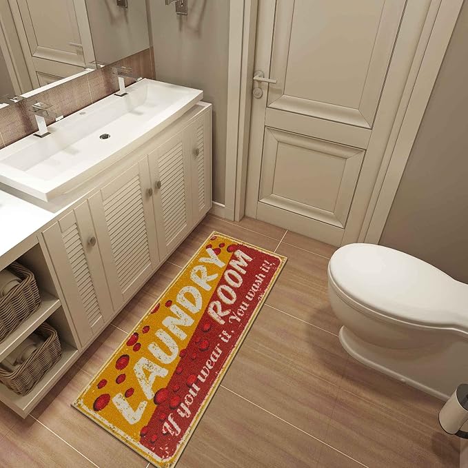 Machine Washable Bubbles Design Laundry Room Rug Non-Slip Rubberback 2x5 Laundry Runner Rug for Laundry Room, Bathroom, Washroom, 20" x 59", Red/Yellow