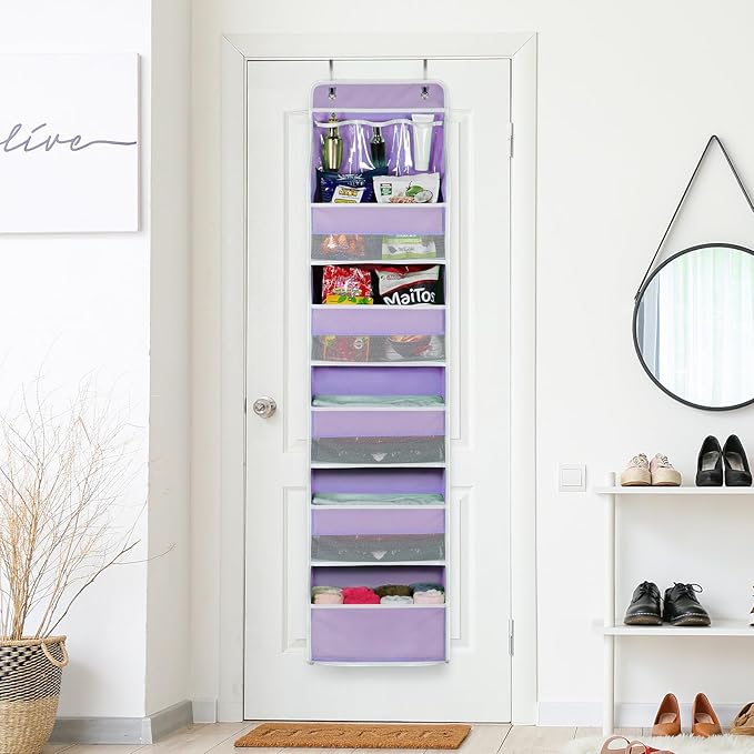 Univivi Door Storage Organizer Nursery Over the Door Organizer Baby Storage with 5 Large Pockets and 3 Small PVC Pockets for Cosmetics, Toys and Sundries (Purple)