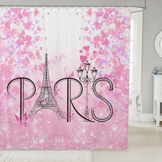 Feelyou Eiffel Tower Shower Curtain 72"x84" Kids Romantic Paris Bathroom Shower Curtain Set for Boys Girls Teens Pink Butterfly Bath Curtain Modern French Botanical Floral Print Bathroom Accessories