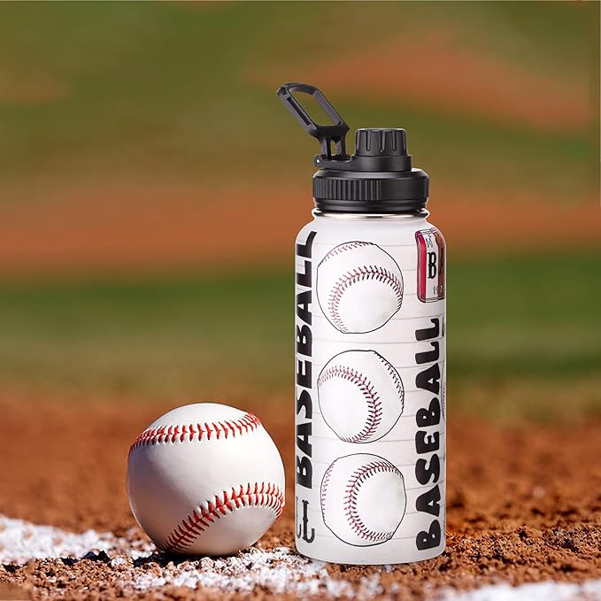 Cutiset 32 oz Baseball Water Bottle with Lids, Stainless Steel Leak Proof Sports Water Flask, Vacuum Metal Water Bottle,Baseball