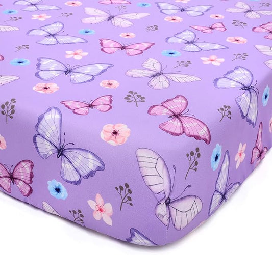 JISEN Baby Crib Sheets Soft Breathable Butterfly Fitted Crib Sheets Baby Sheet for Standard Crib and Toddler Mattress Baby Bed Sheets for Crib for Baby Boys Girls Neutral 52x28 Inch