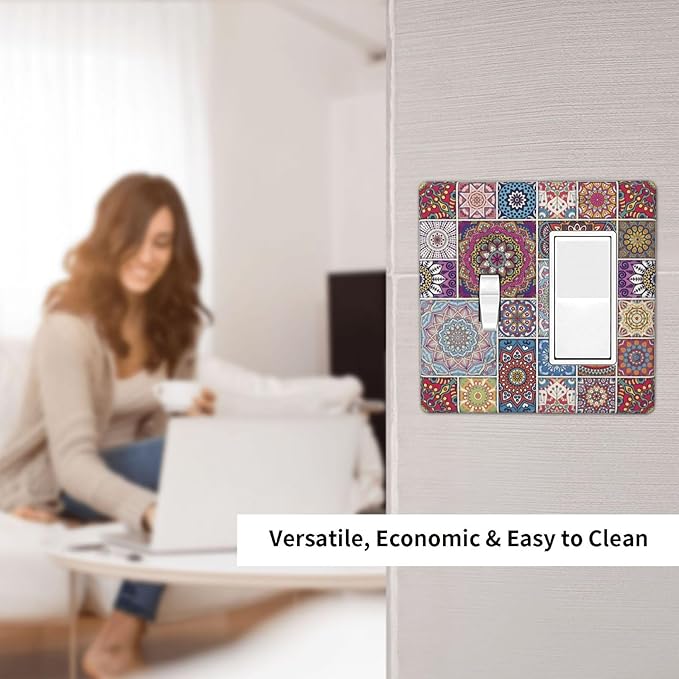 Morocco Talavera Mexican Tiles Printed Colroful Mandala 2 Gang Single Toggle Rocker Combination Light Switch Covers Wall Plate Cover Electrical Faceplate Decorative Switchplate for Kitchen Bathroom