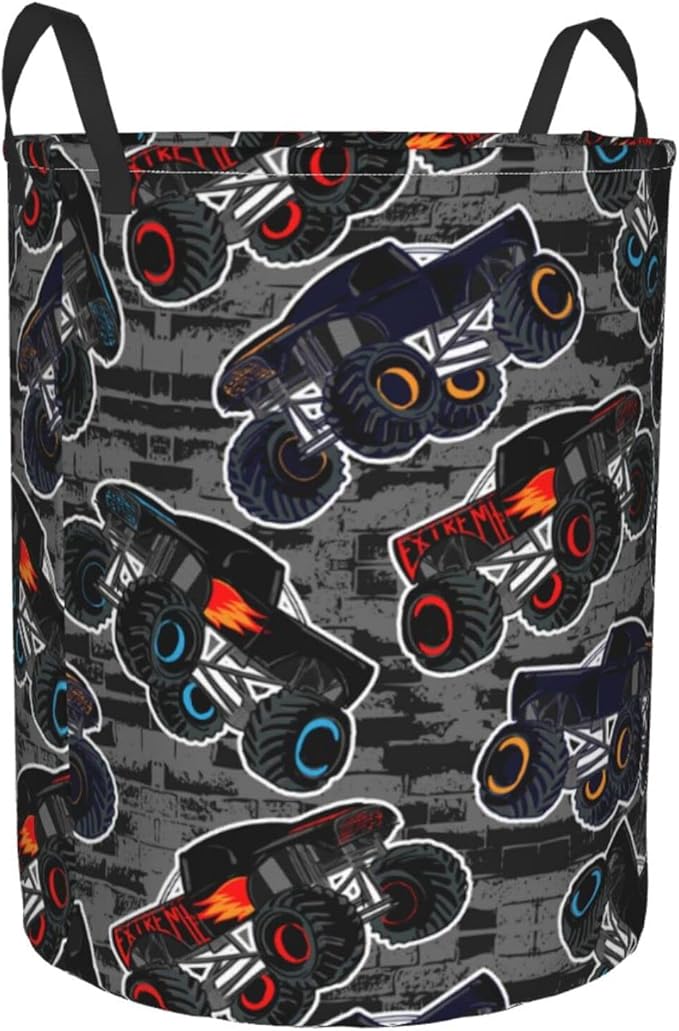 Monster Truck Boys Style Round Laundry Hamper Storage Basket Toys Clothes Organizer Bin For Home Bathroom Bedroom Dorm Nursery, 38l