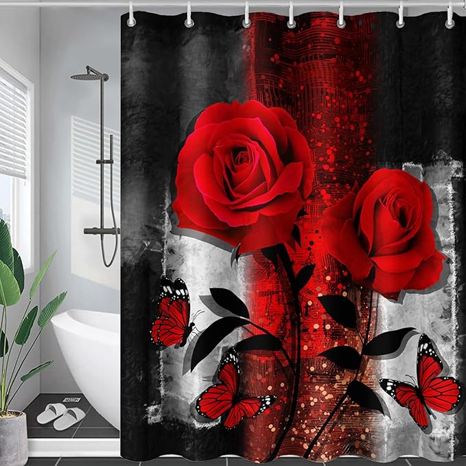 AILONEN Red Rose Shower Curtain for Bathroom, Romantic Rose Flower Bath Curtain,Grey Abstract Waterproof Floral Butterfly Print Shower Curtain Decoration with 12 Plastic Hooks, 72" W*72" H