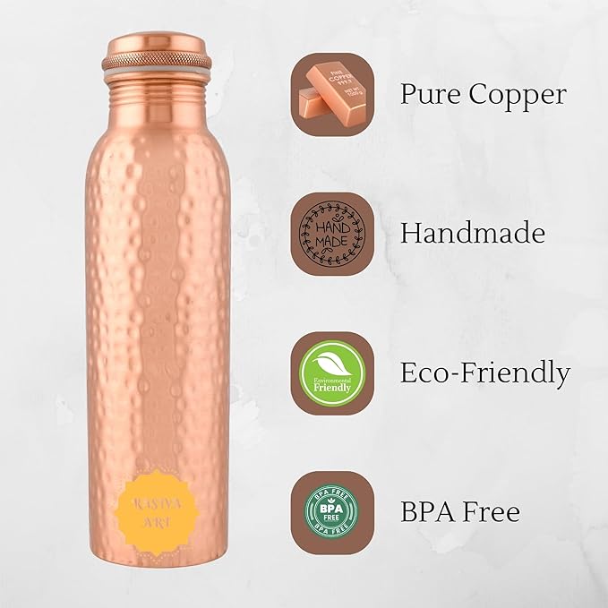 Pure Copper Metal Water Bottle - 32 oz - Indian Handmade Ayurveda Healing Benefit Drinking Water Bottle for Travel, Hiking, Gym, Office, Outdoor - Glossy Hammered