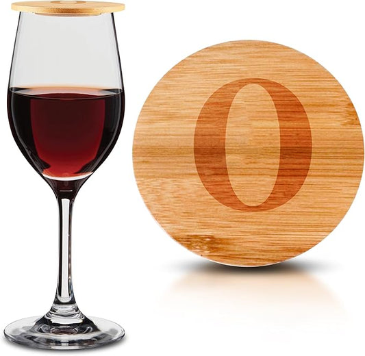 Personalized Wine Glass Charcuterie Topper - Custom Laser Engraved Initial Bamboo Wine Glass Topper Stopper Coasters Plate ID Identification Wine Glass Charcuterie Board Topper (Letter O)