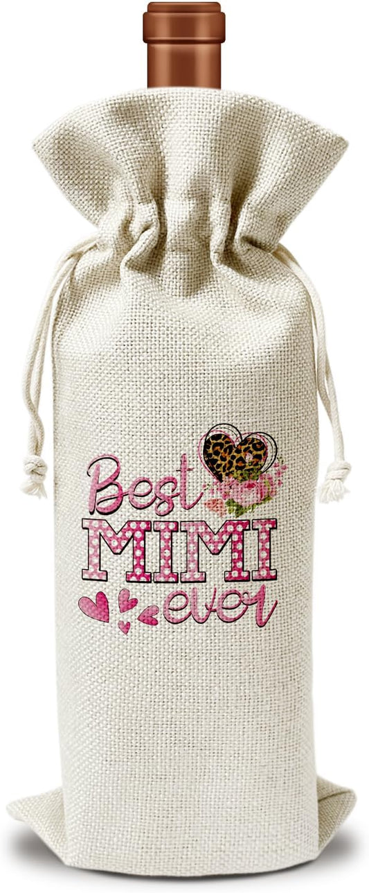 Best Mimi Ever Wine Gift Bag, Mimi Gifts for Grandma from Granddaughter Grandson, Gift for Nana Grandmother, 1pcs Reusable Burlap Wine Gift Bag for Wine Bottles, Mother's Day Holiday Party Favor -16