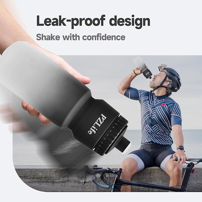 BPA Free Bike Water Bottles, 24 oz Cycling Squeeze Water Bottle - Easy Squeeze, w/Pull Top Lid, Leak Proof Sport Water Bottle with Capacity Scale, for Cycling, Gym