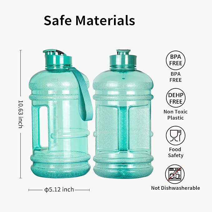 TOOFEEL Half Gallon Water Bottle with Flip Lid - 2 Liter Water Bottles BPA Free - Ideal for Gym, Big Water Bottle with Measurements Marked Drink Container - 2.2L 74oz Transparent Mint Greent Bottle
