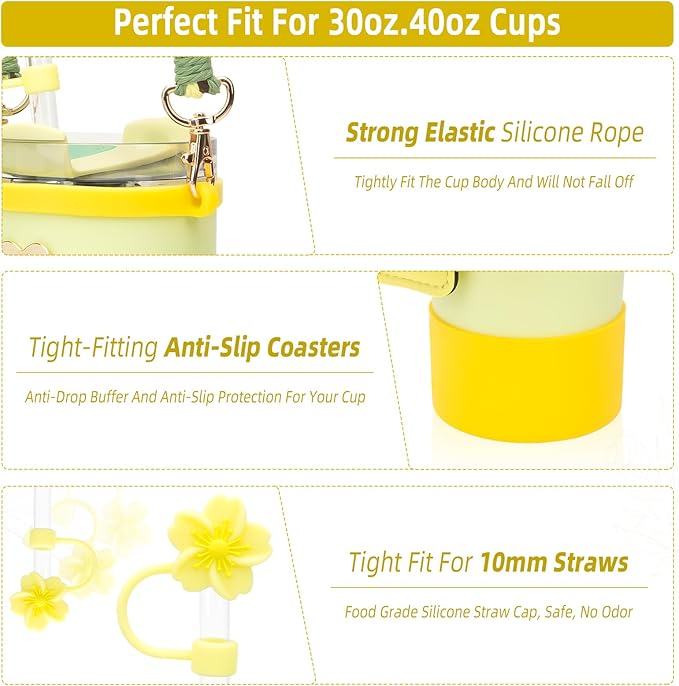 Stanley Cup Accessories Set Including 1 Pcs Water Bottle Handle Strap, 1 Pcs Siliocne Straw Cover, 1 Pcs Siliocne Stanley Cup Boot, 3 Pcs Stanley Charms for Stanley Cup 40oz & 30oz Tumbler - Yellow