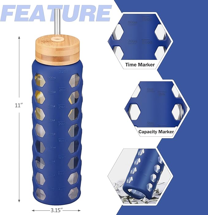 MUKOKO Glass Water Bottles, 32oz Glass Tumbler with Straw, Drinking Bottles with 2 Lids-Handle Spout Lid&Bamboo Straw Lid, Motivational Water Bottle with Time Marker and Silicone Sleeve, 1 Pack-Blue