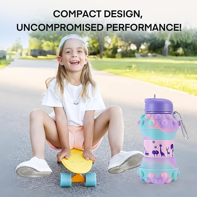 Kids Sports Collapsible Water Bottle | Ball Shaped Drinking Cup | Foldable BPA Free Leakproof Lightweight Silicon Jug | School Lunch Mug Team Gift Travel (Bubble Animal 550ml/18.6oz)