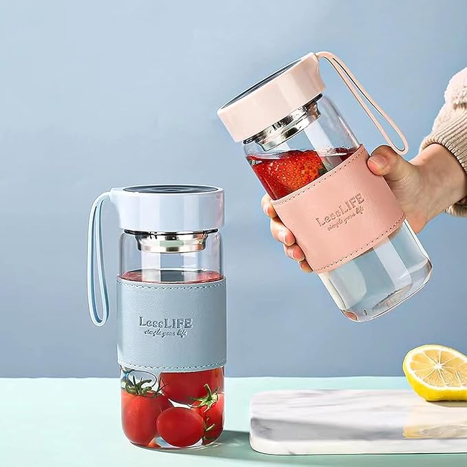 Snminetal 16 oz Borosilicate glass water bottle-with sealing cap and Holsters and filters Reusable Portable Glass drinking Bottle Apply to Make tea, coffee, office Go To School (Pink+Green)