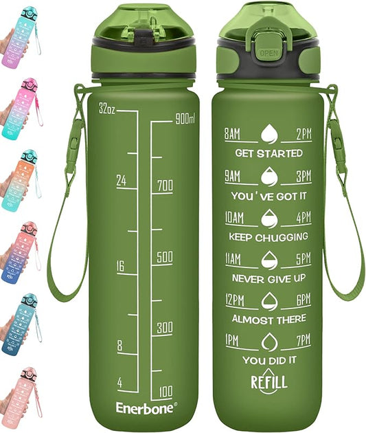 Enerbone 32 oz Drinking Water Bottle with Times to Drink and Straw, Motivational with Carrying Strap, Leakproof BPA & Toxic Free, Ensure You Drink Enough Water for Fitness Gym Outdoor