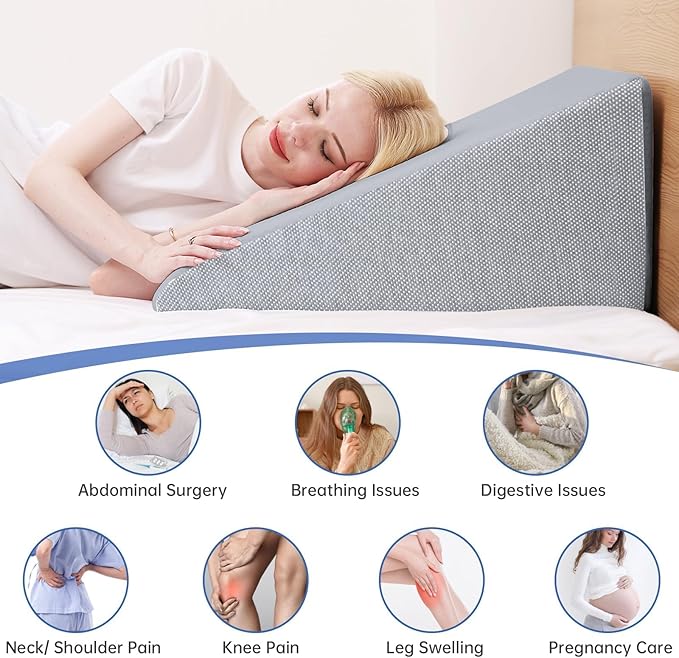 QUINEEHOM Wedge Pillow for Sleeping, 12 Inch Triangle Bed Wedge for Adults, Memory Foam Wedge with Washable Cover, Hypoallergenic 30 Degree Pillow Wedge for Acid Reflux, Knee, Snoring, Dark Grey