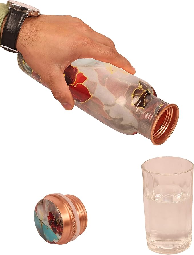 Pure Copper Water Bottle - Handcrafted - Ayurveda Health Benefits - Large 35 oz - Leak proof - Easy to carry for Sports, Fitness, Yoga, School - Textured Red Floral Patterns
