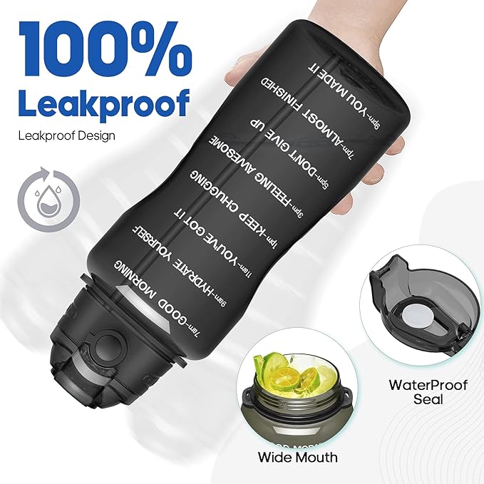 Water Bottles 1 / Half Gallon with Time Marker and Straw, Large Fitness Sports Motivational Bottle, Wide Mouth Leakproof and BPA Free for Travel, Gym,office,school