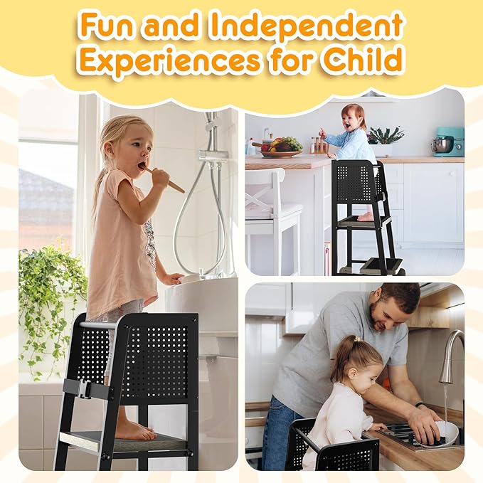 Kitchen Step Stool for Kids, Learning Tower for Toddlers 1-3, Kitchen Tower with Anti-Slip Mat and Adjustable Stand, Wood Metal Standing Stool for Counter, Light Brown and Black