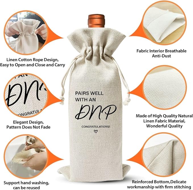 Dnp Degree Graduation Gift, Wine Gift Bag For Doctor Nurse Practitioner Her, Med School Farewell Graduation Party Decoration, Reusable Burlap Wine Bag, Pairs Well With An Dnp