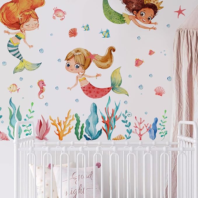 Mfault Multicultural Mermaid Under The Sea Wall Decal Stickers, Ocean Creature Marine Life Seaweed Nursery Decoration Baby Girl Bedroom Playroom Art, Coastal Beach Toddler Kid Room Bathroom Decor