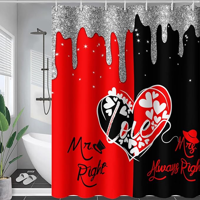 AILONEN Mr Mrs Black and Red Shower Curtain,Love Hearts Pattern Mr Right Mrs Always Right Theme Bath Curtain,Modern Print Decoration Waterproof Shower Curtain with 12 Plastic Hooks, 72" W*96" H