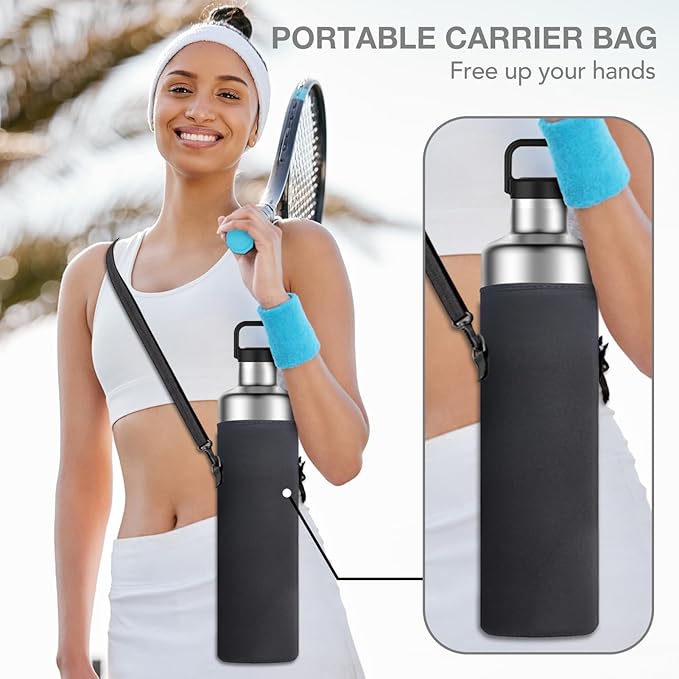 60oz Water Bottle with Carrier Bag, Large Insulated Water Bottle, Stainless Steel Water Bottles, Double Walled Insulated Thermo for Hot Drinks/Cold Drinks,Great for Gym,Hiking,Camping (Silver)